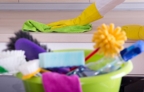 Spot cleaning a sofa cushion in a modern home